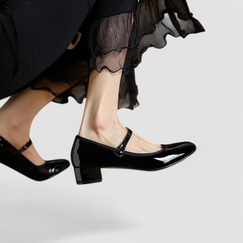 Elegant women's patent Mary Jane block heels, perfect for dress, work, or formal occasions.