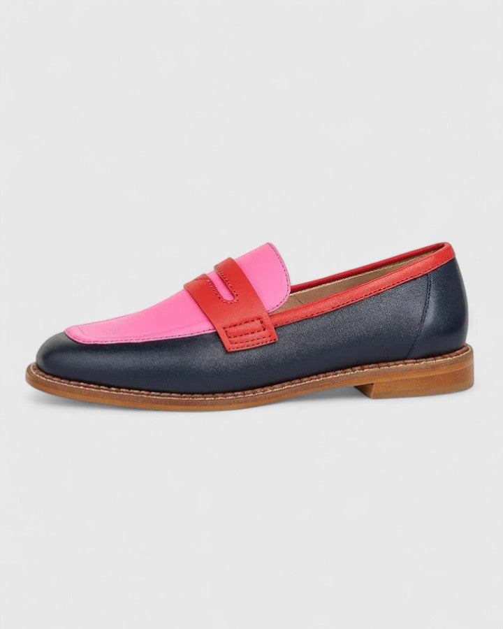 Stylish women's pink penny loafers, comfortable low heel slip-on design with round toe. Perfect for casual & office wear.