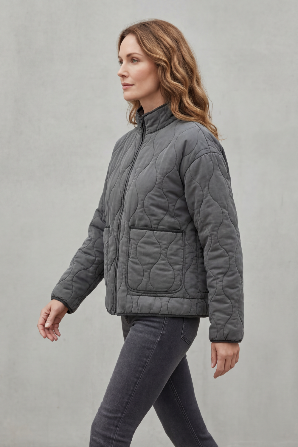 Stylish women's quilted puffer jacket with a flattering silhouette, ideal outerwear for casual fall & winter fashion.