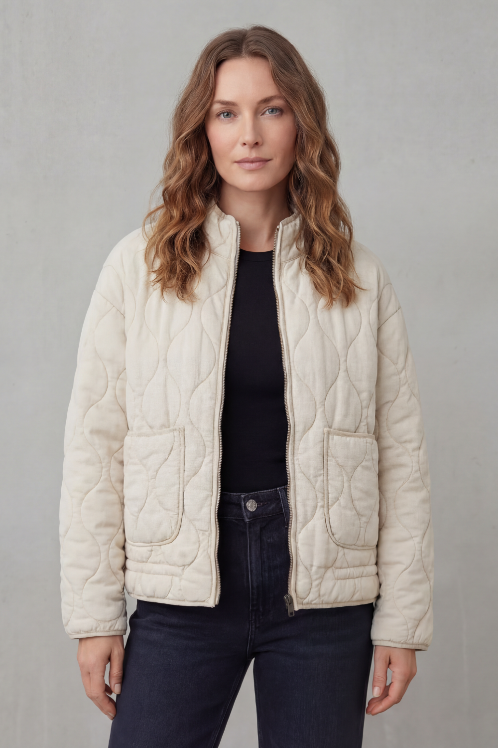 Cozy women's quilted puffer jacket, flattering silhouette, essential outerwear for comfortable fall and winter days.