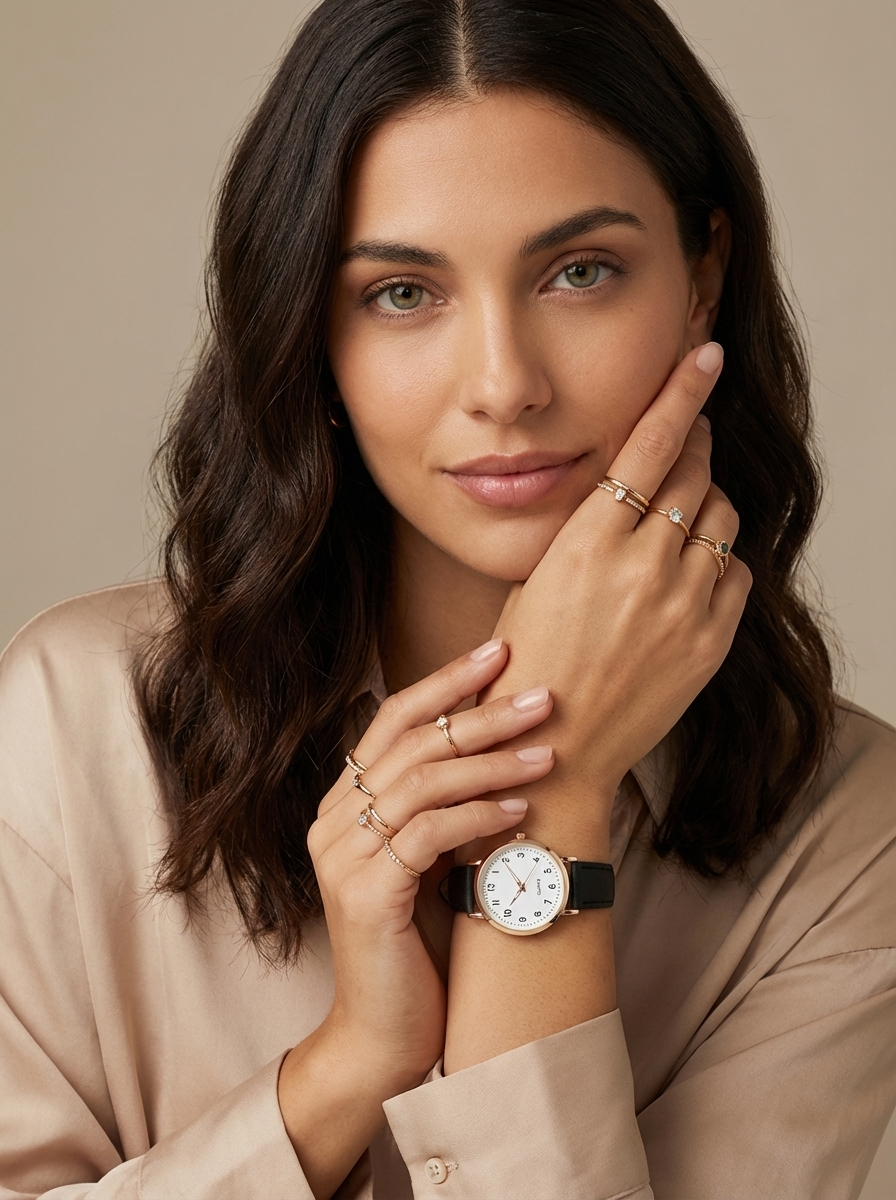 Stylish women's minimalist timepiece with a classic round dial and genuine leather strap for daily wear.