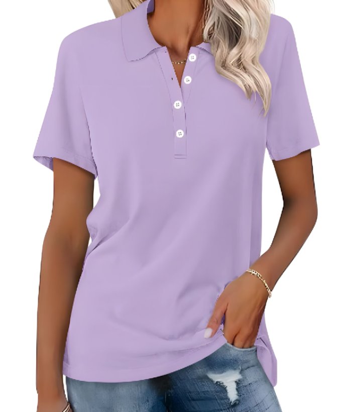 Breathable cotton short sleeve polo for women, ideal for warm weather comfort.