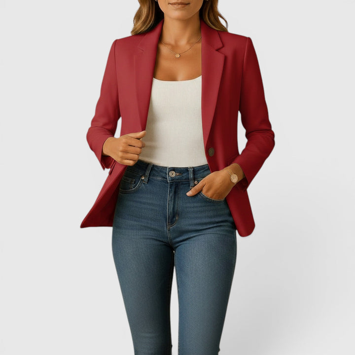Navy blue women's stretch blazer, a classic tailored jacket for versatile business and office attire.