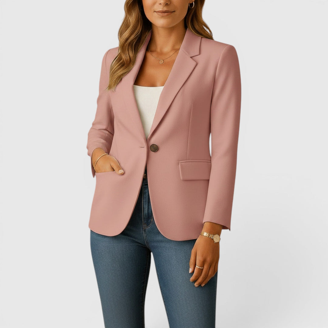 Black women's tailored stretch blazer, ideal for professional office wear & chic smart casual style.
