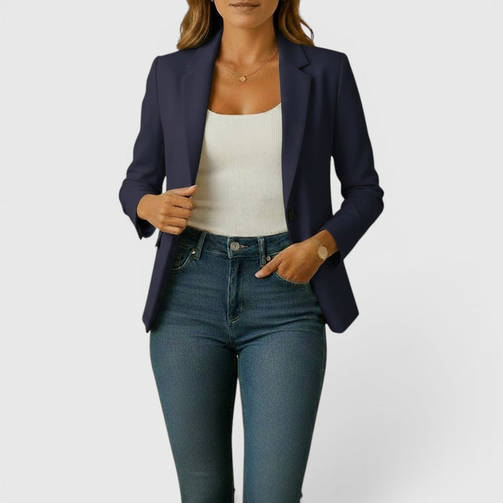 Grey women's stretch blazer, a classic tailored jacket for a versatile and professional wardrobe.
