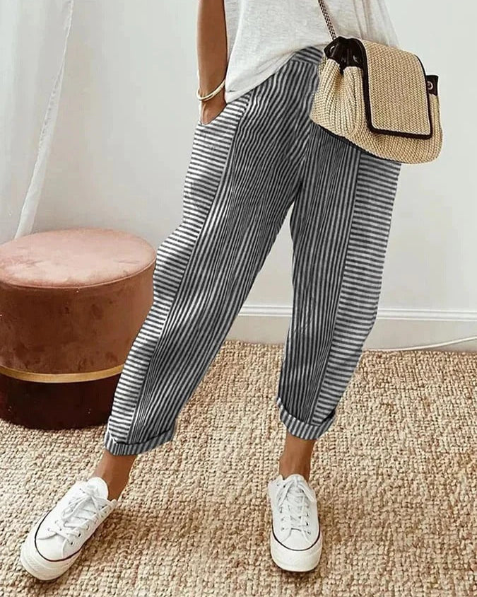 Women's classic striped trousers, comfortable & stylish for everyday casual wear.