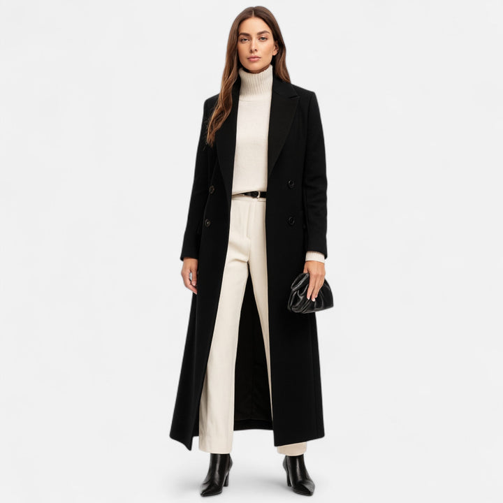 Versatile women's black tailored winter coat, longline design with a classic notch lapel, great for outerwear fashion.
