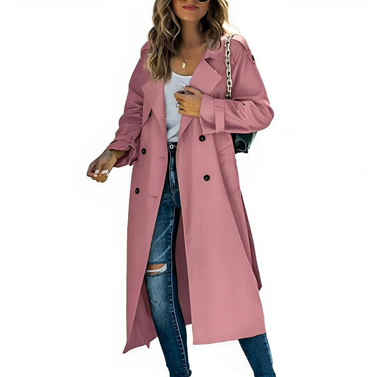 Women's classic trench coat with lapel collar & belt. Perfect for elegant fall & spring fashion.