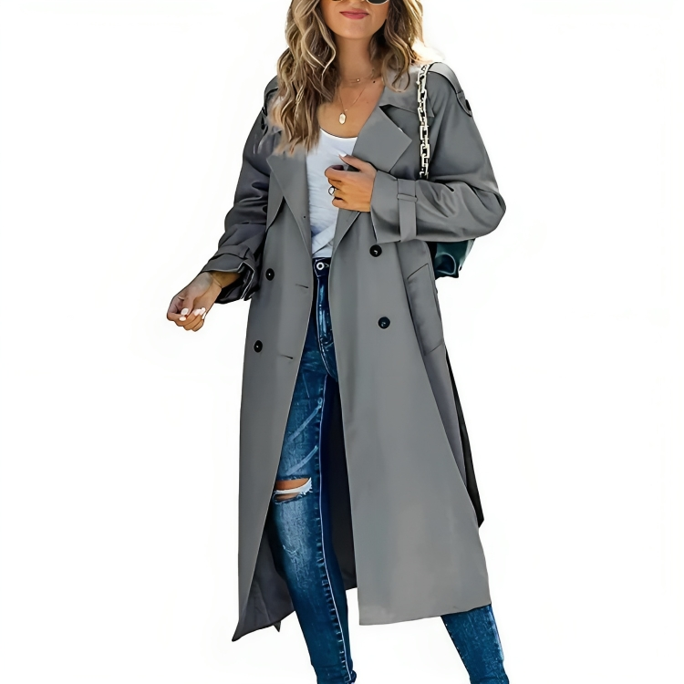 Timeless women's classic trench coat. Elegant, long, belted outerwear with lapel collar for chic style.