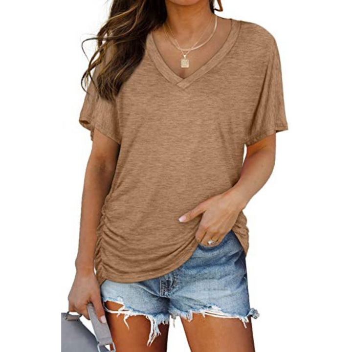 Classic loose fit V-neck blouse for women, a stylish choice for effortless spring and summer fashion.