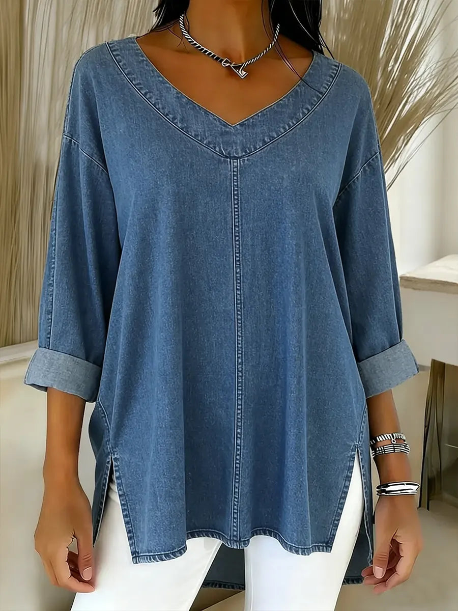 Women's classic V-neck tunic shirt with relaxed fit, long sleeves, perfect for casual everyday style.