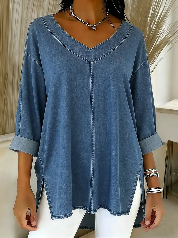 Women's classic V-neck tunic shirt with relaxed fit, long sleeves, perfect for casual everyday style.