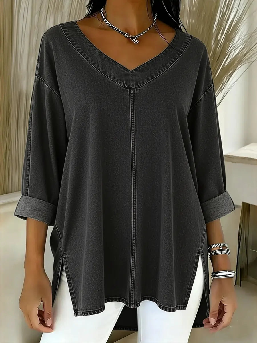 Versatile women's V-neck tunic shirt, ideal for smart casual workday or relaxed weekend layering.