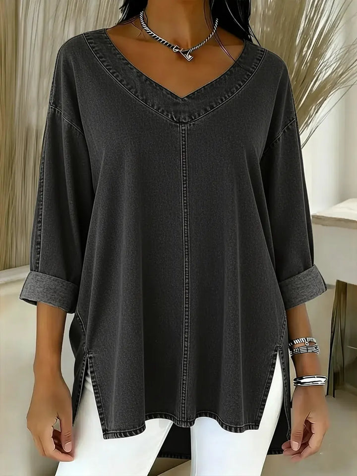 Versatile women's V-neck tunic shirt, ideal for smart casual workday or relaxed weekend layering.
