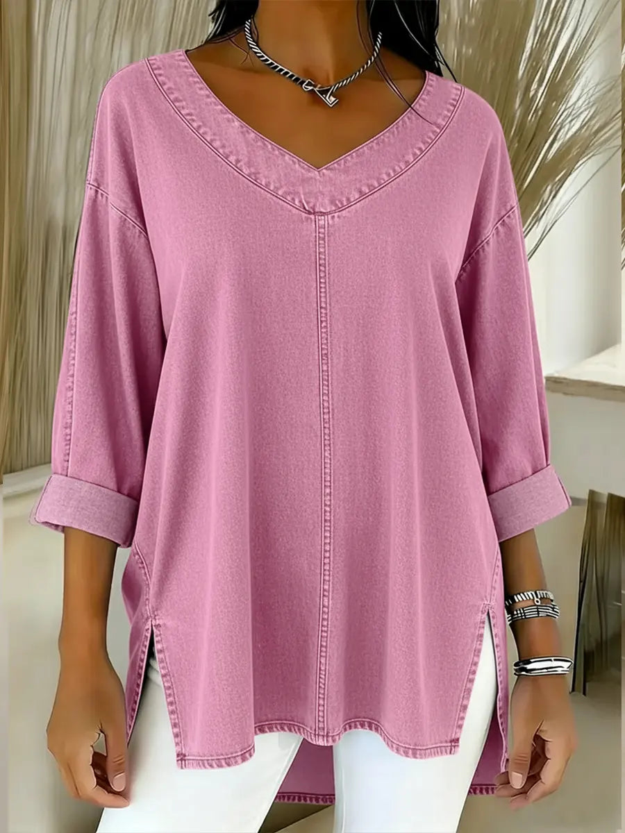 Effortless women's casual V-neck tunic shirt in a relaxed fit, comfortable for all-day wear and fashion.