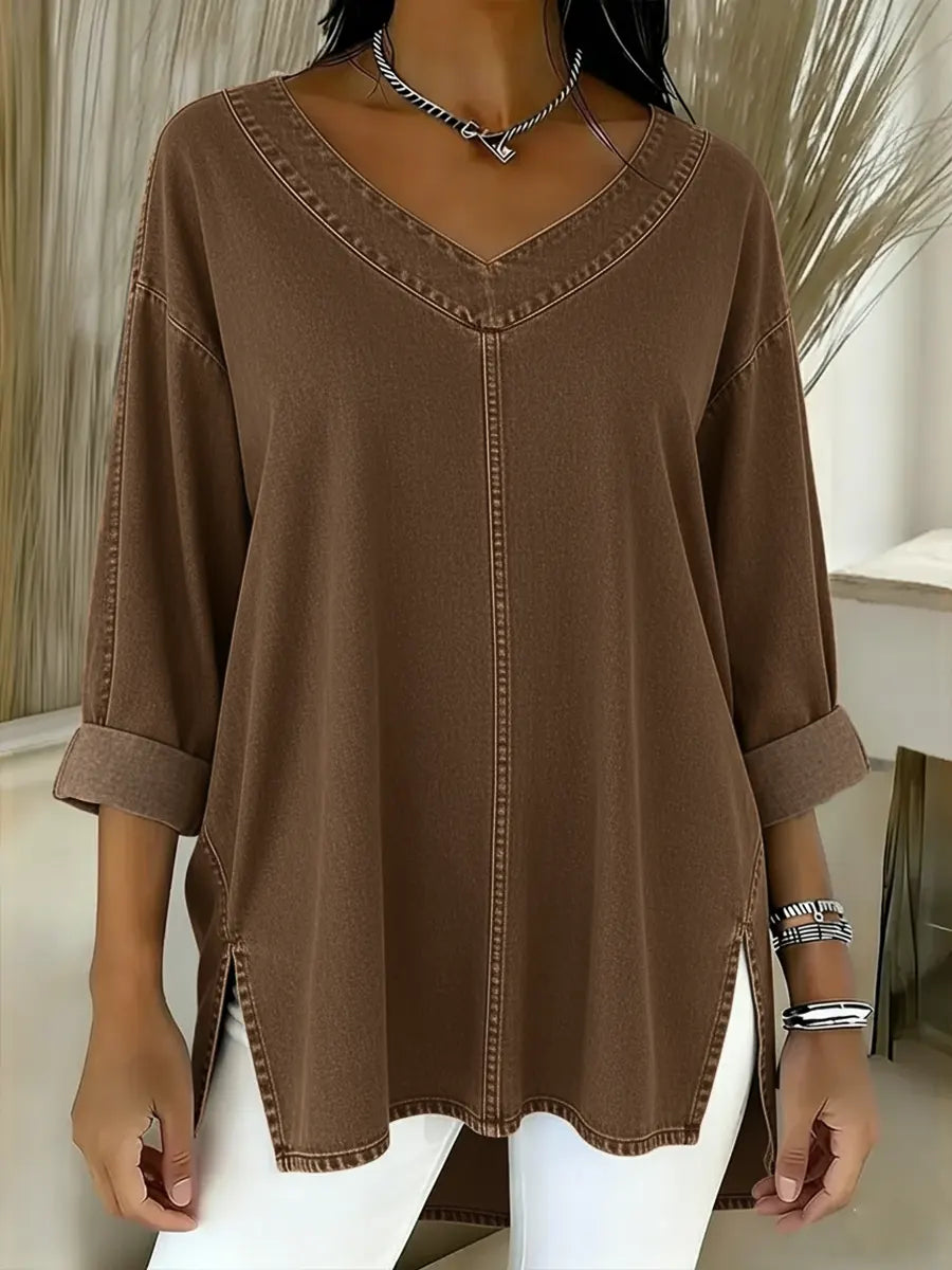Everyday women's V-neck tunic shirt, a classic long sleeve design for effortless casual and smart casual fashion.