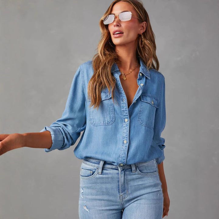 Relaxed fit women's button-up shirt in soft fabric, ideal for chic casual outfits & modern fashion.