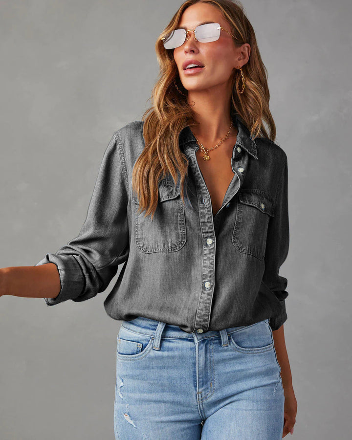 Effortless women's button-up top, a classic long sleeve shirt designed for comfortable, easy casual style.