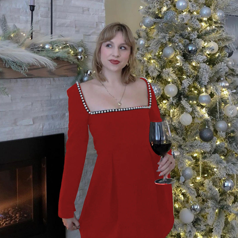 Fashionable women's long sleeve A-line mini dress featuring a classy square neck and alluring backless detail.