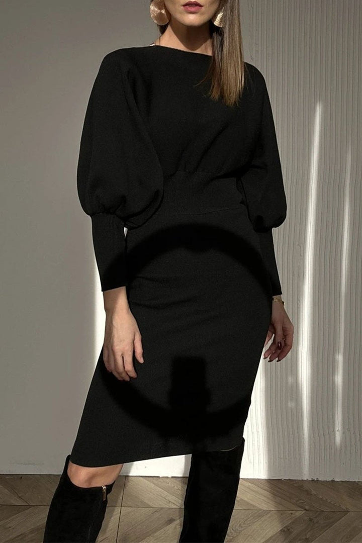 Classy women's balloon sleeve midi dress. Elegant and chic, ideal for parties, evenings, or sophisticated style.