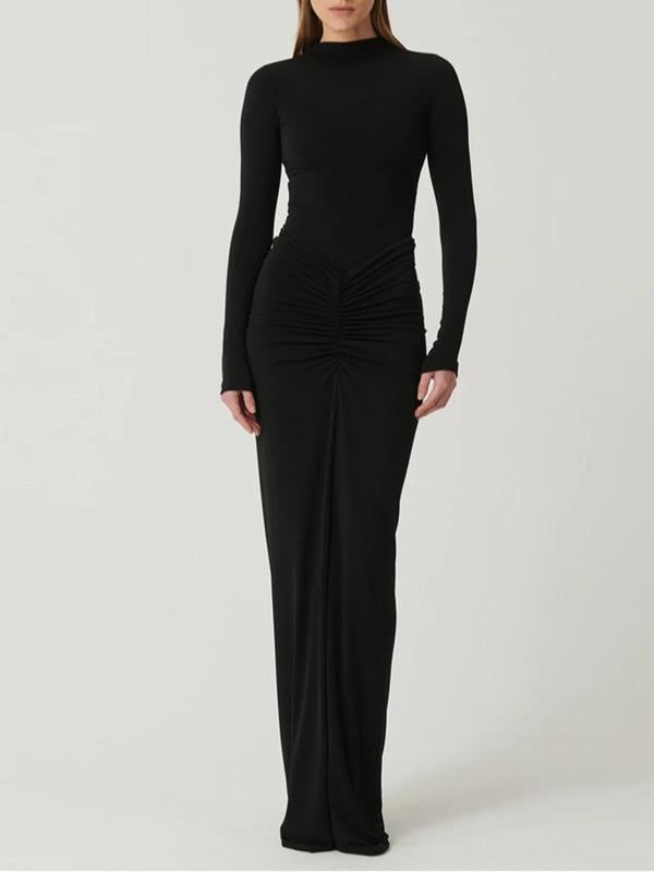 Women's classy ruched long sleeve bodycon maxi dress with mock neck. Elegant for formal wear or chic casual events.