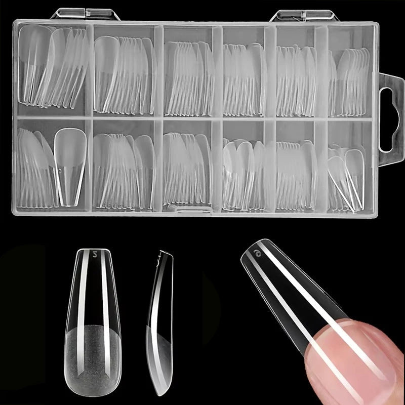 Durable clear soft gel full cover nail tips for women, perfect for long-lasting salon-quality manicures & extensions.