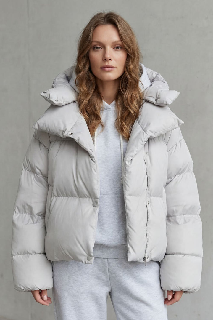 Cozy women's olive cropped puffer jacket, lightweight cloud soft design for chic casual layering outerwear.