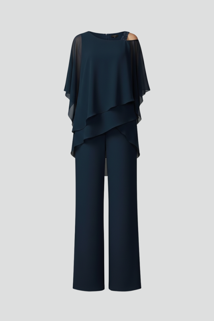 Women's cold-shoulder wide-leg jumpsuit, flowing fabric for elegant summer style.