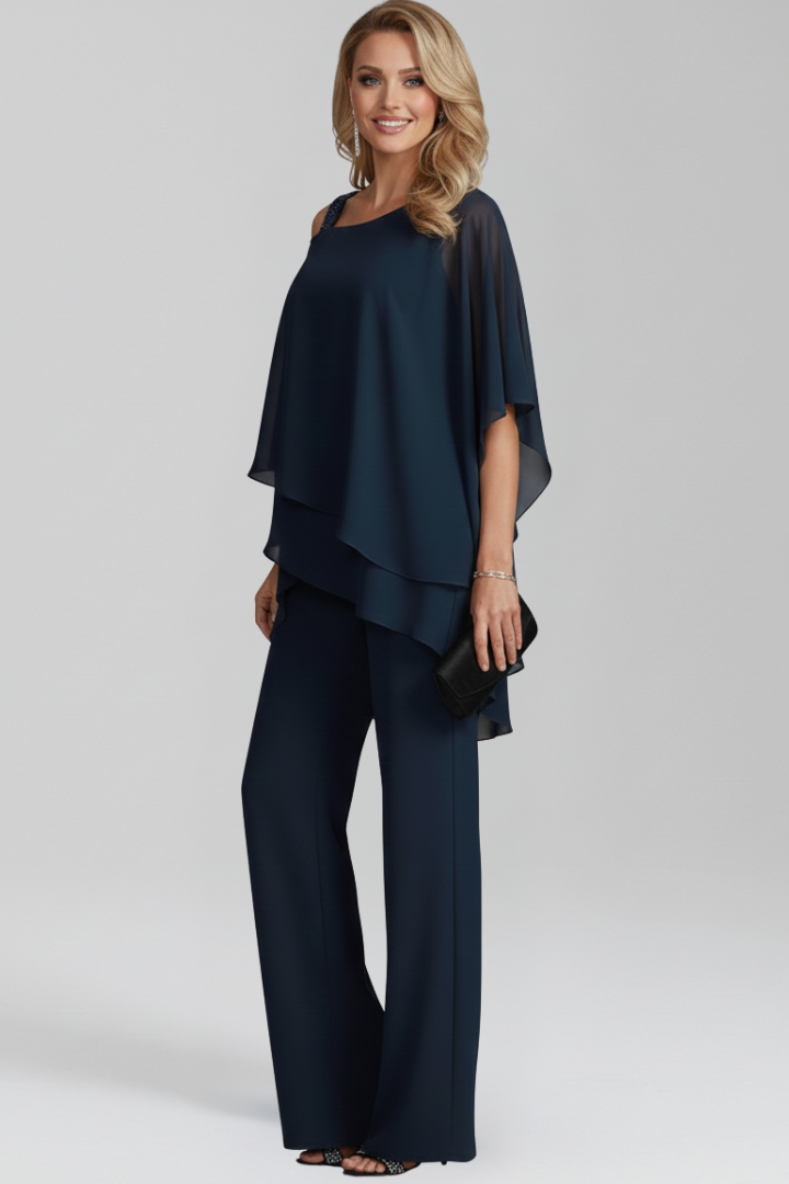 Elegant women's cold-shoulder jumpsuit, features a graceful flowing wide-leg silhouette.