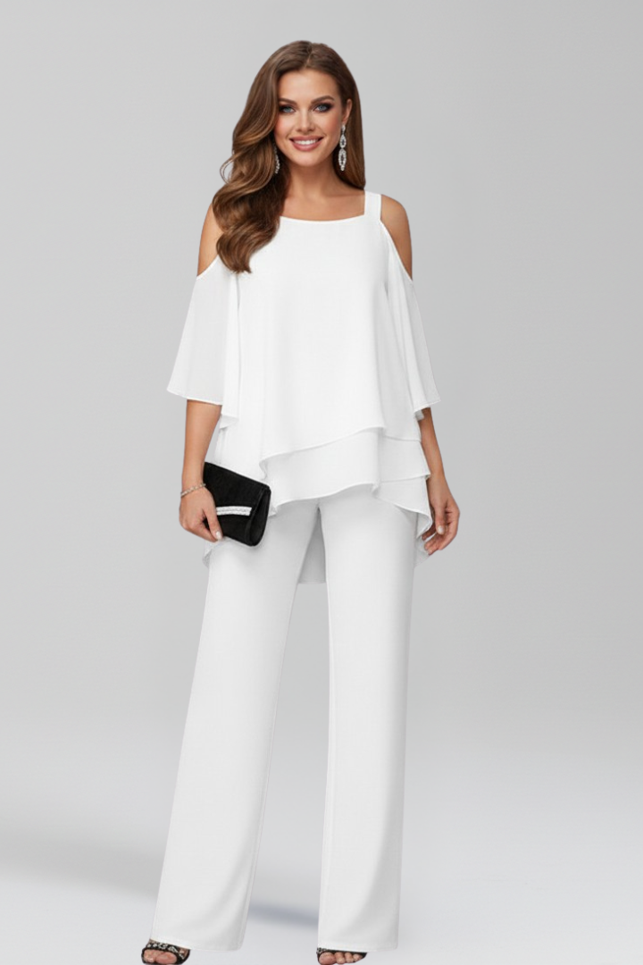 Stylish women's summer jumpsuit with cold shoulders & wide legs, a comfortable one-piece outfit.