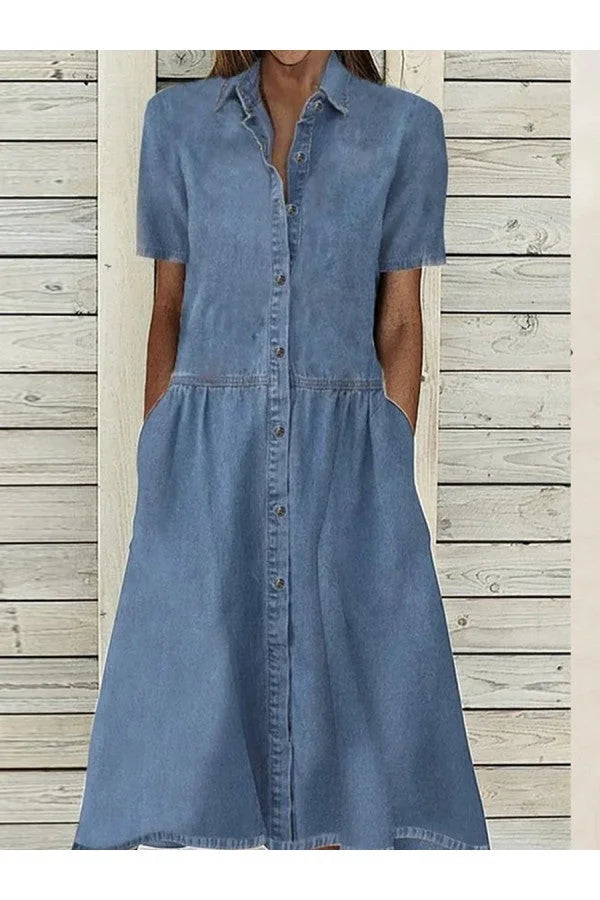 Women's collared button-down midi dress with short sleeves, a versatile casual summer style featuring pockets.