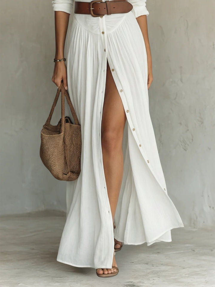 Boho chic women's belted maxi dress. Elegant button-front collared long dress for versatile summer wear.