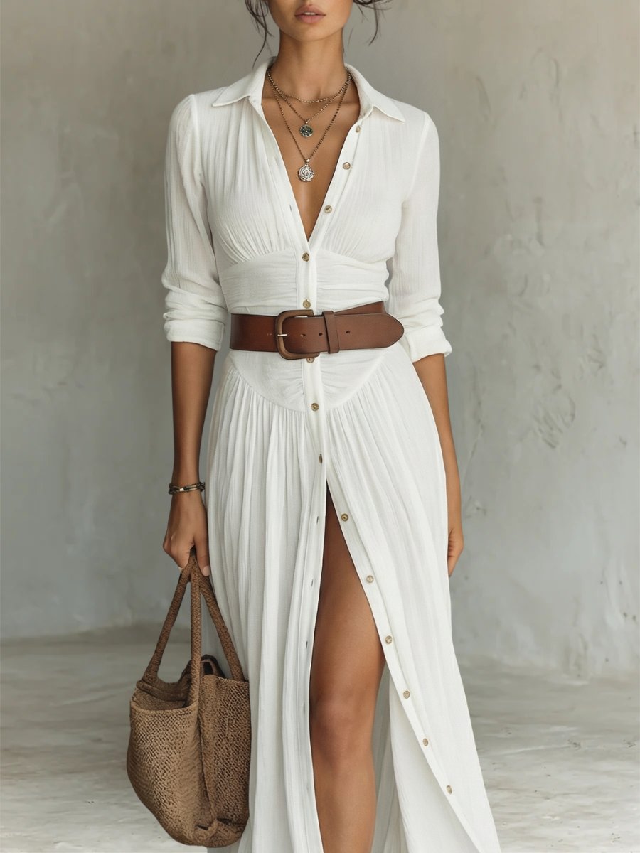 Flowing collared button-front maxi shirt dress with belt. Perfect for casual elegance & vacation wear.