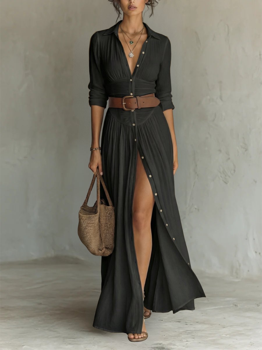 Versatile women's long belted maxi dress. Features collared neckline & button-front, ideal for summer fashion.