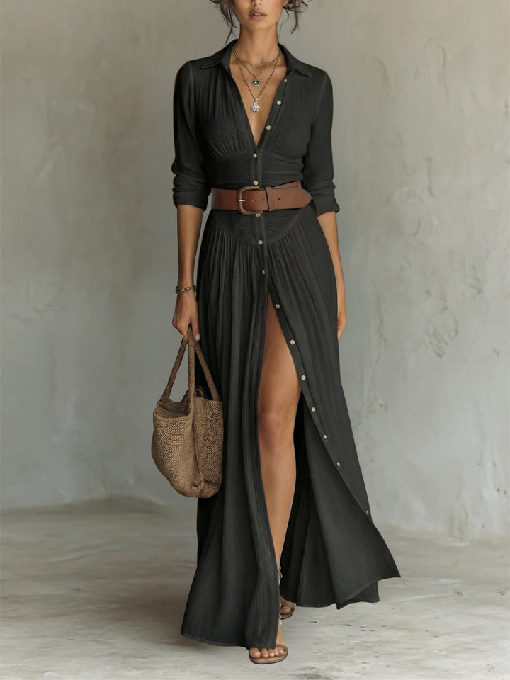 Versatile women's long belted maxi dress. Features collared neckline & button-front, ideal for summer fashion.