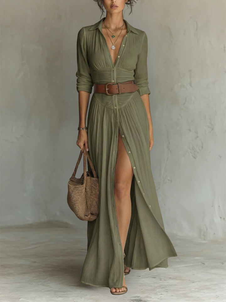 Summer style boho chic belted maxi dress. Women's collared button-front flowing shirt dress.