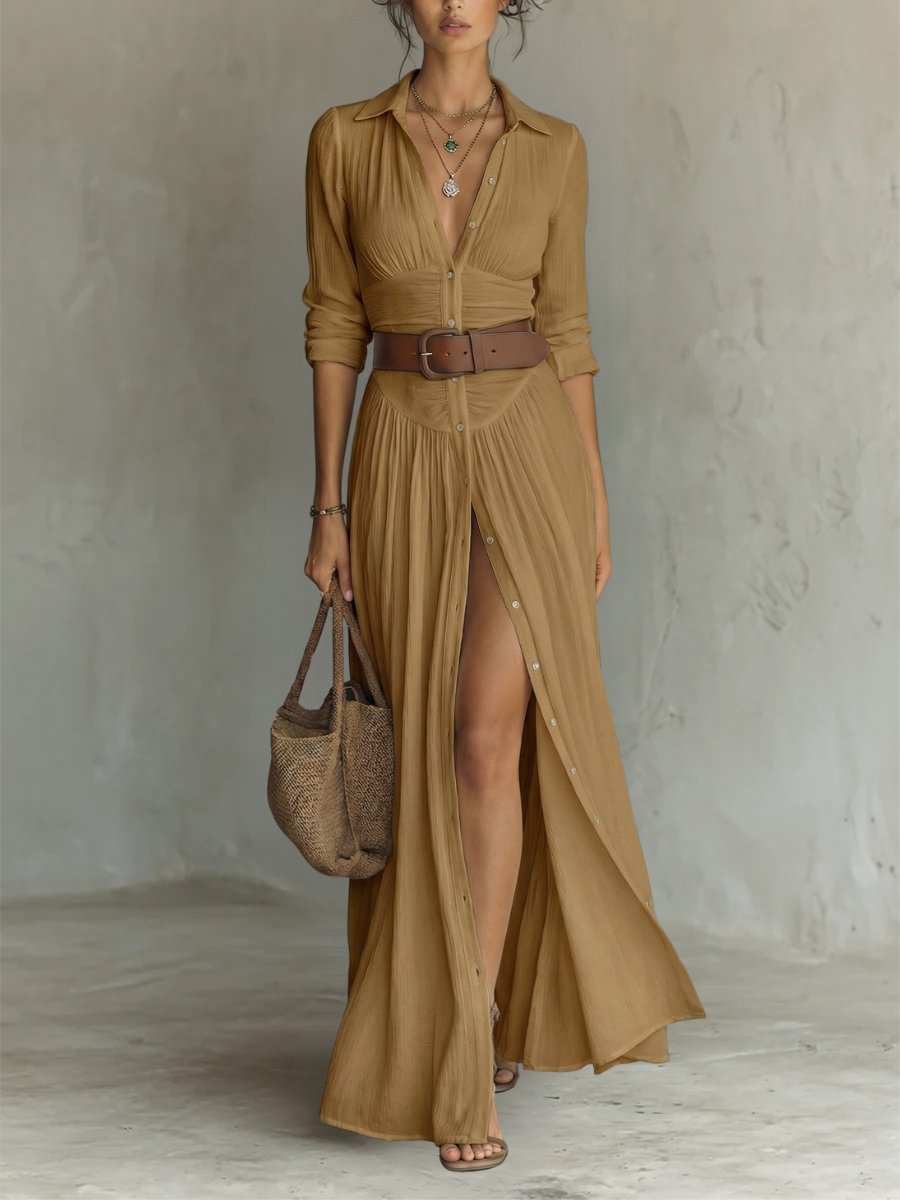 Elegant women's collared button-front belted maxi dress. Bohemian long shirt dress, perfect for summer.