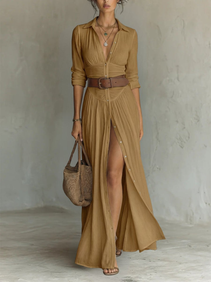 Elegant women's collared button-front belted maxi dress. Bohemian long shirt dress, perfect for summer.