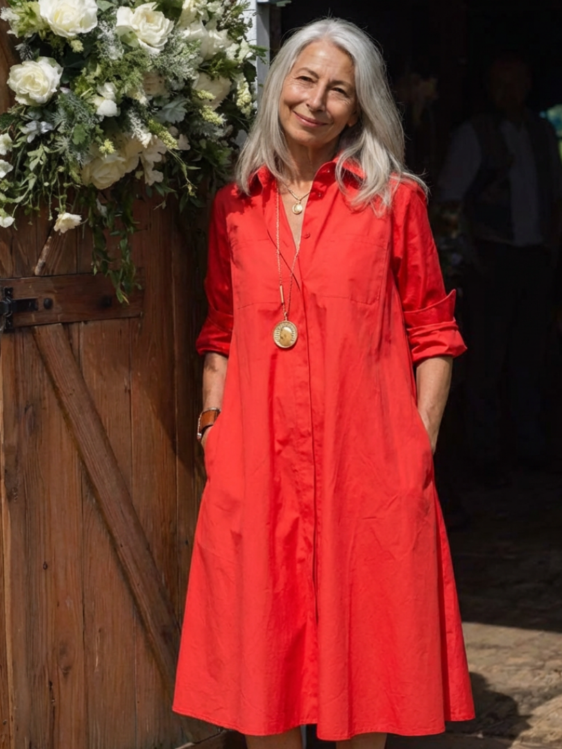Versatile women's midi shirt dress with elegant collar and button front. A comfortable, long-sleeve spring staple.