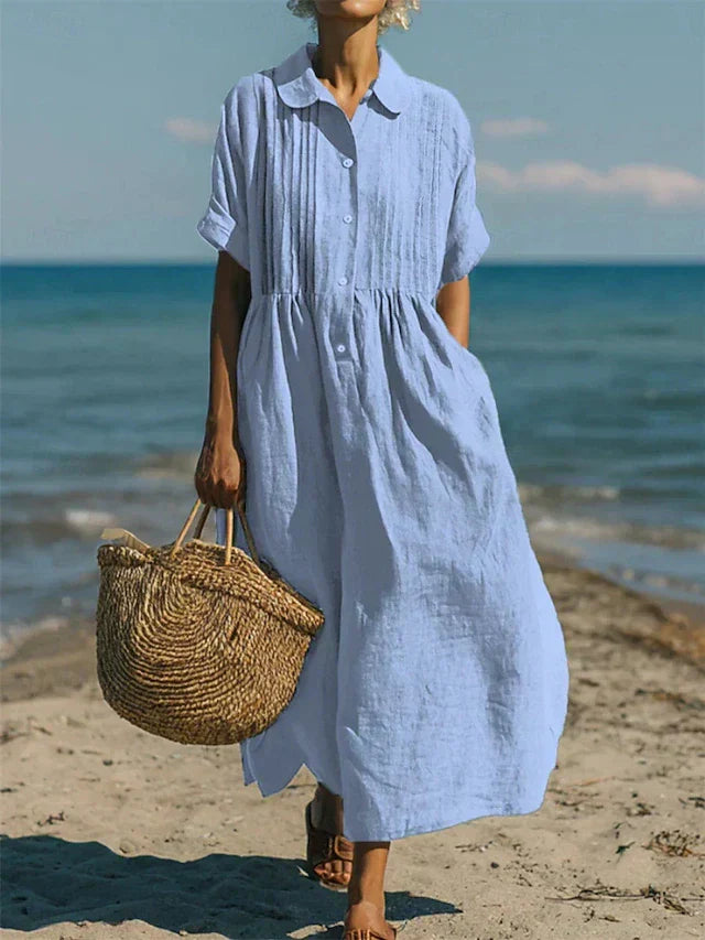 Versatile women's collared buttoned pleated maxi dress for stylish summer & autumn fashion.