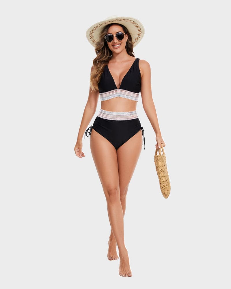 Women's color block high-waisted bikini set with tummy control for flattering beach style.
