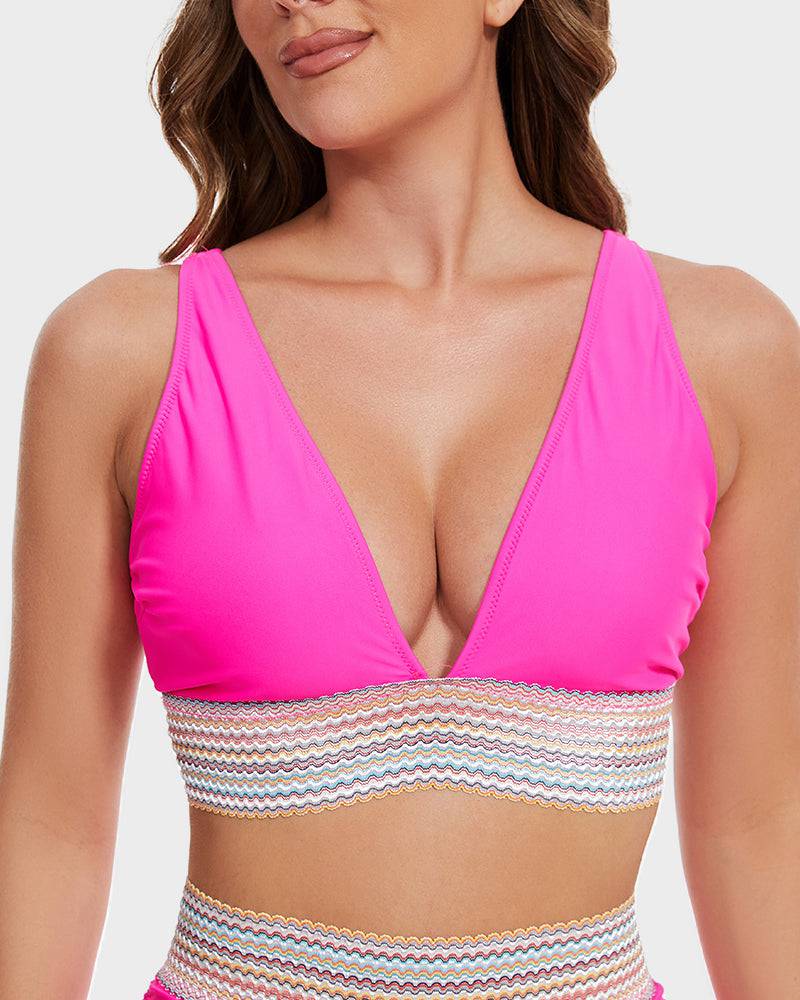 Must-have women's tummy control high-waisted color block bikini set for beach.