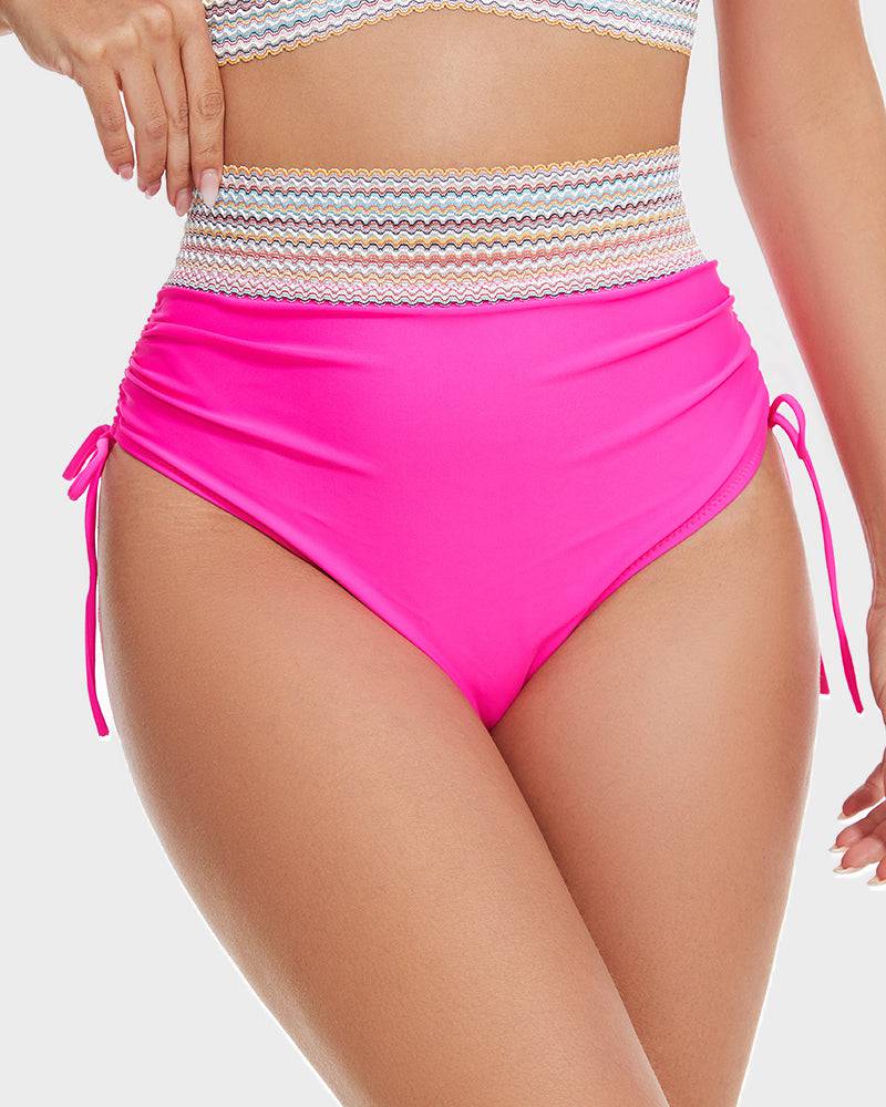 Sporty women's high-waisted color block bikini set. Tummy control beach outfit.