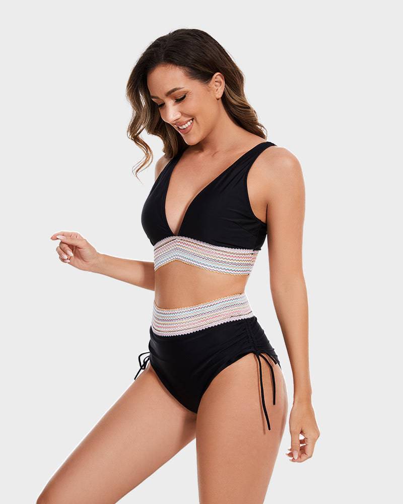 Stylish women's tummy control high-waisted color block swimwear. Perfect for summer.