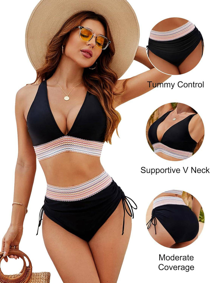 Women's adjustable tummy control high-waisted bikini set. Stylish color block.