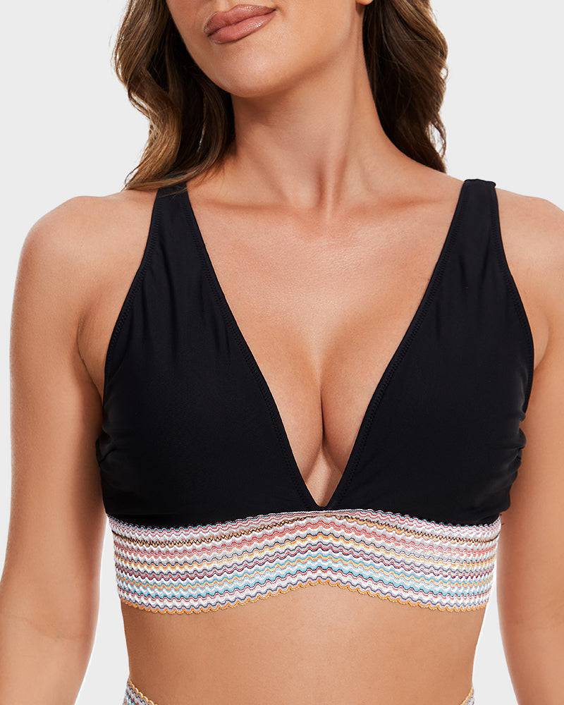 New women's high-waisted color block bikini set. Tummy control swim outfit.