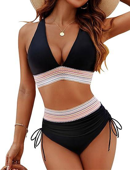 Elegant women's color block high-waisted bikini set. Comfort with tummy control.