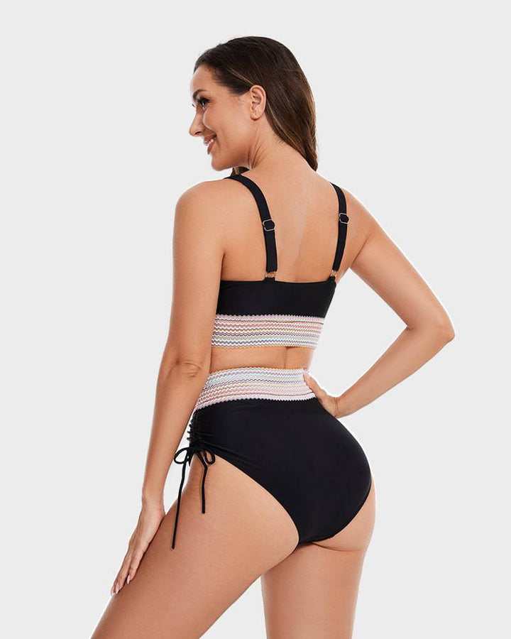 Women's adjustable color block high-waisted bikini set. Tummy control beachwear.