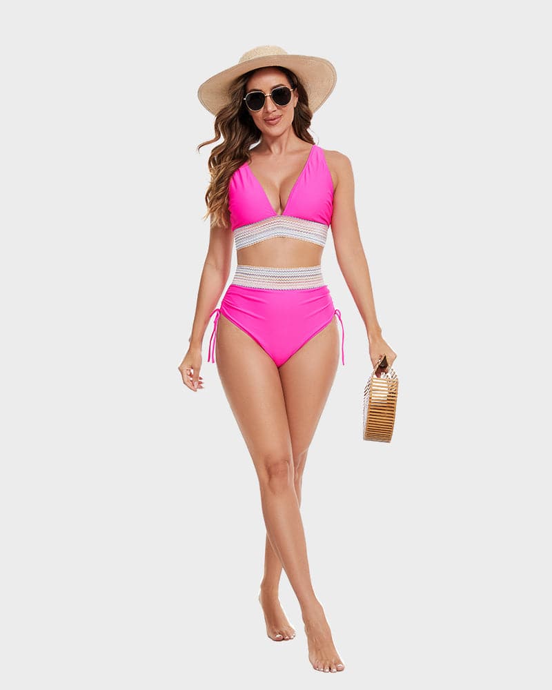 Women's tummy control high-waisted bikini, color block design. Ideal summer swim.