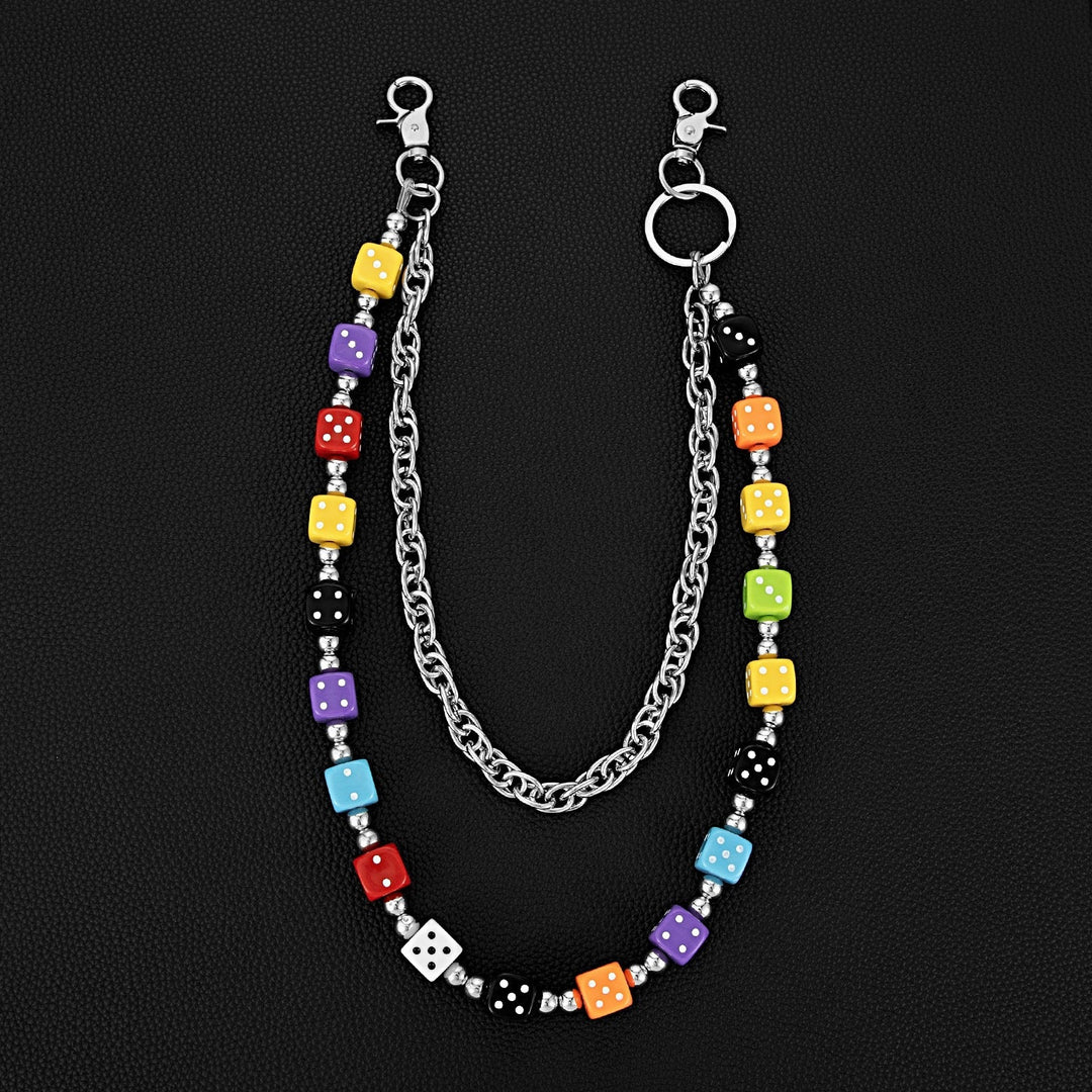 Vibrant women's chain bracelet with an array of colorful cube beads, a playful statement jewelry piece.